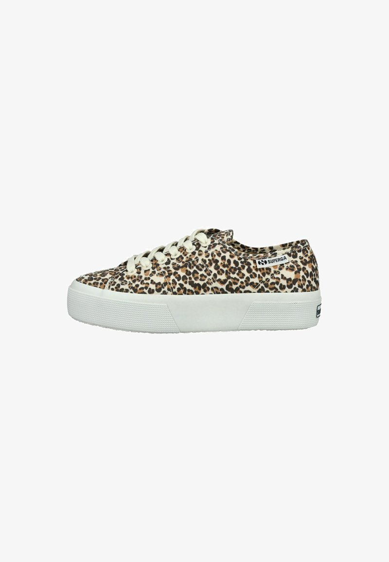 Leopard-print canvas sneakers with a white rubber sole and laces, featuring a logo tag on the side and a textured rubber toe cap.