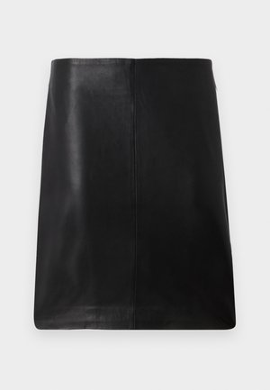 Black leather mini skirt with a straight cut, smooth texture, and minimal stitching detail. No visible hardware or embellishments.