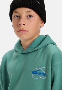 Grön hoodie med en framficka, prydd med en blå och vit logotyp. Bärs tillsammans med en svart stickad mössa. Texturen verkar mjuk och avslappnad.