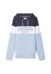 Sudadera con capucha de diseño colorblock en navy, blanco y azul claro. Cuenta con un bolsillo canguro y texto "CREEKS ORIGINAL" en el pecho.