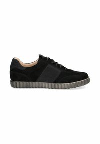 Black suede sneaker featuring a textured black fabric panel, rubber sole with vertical grooves, and lace-up closure.