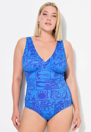 Eén-pieces badpak in blauw met donkerblauwe abstracte patronen. Kenmerkt zich door een diepe v-hals en brede schouderbanden. Gladde stof met gematigde bedekking.