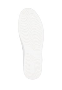 Semelle de chaussure en caoutchouc blanc, présentant un motif texturé et ondulé pour une meilleure adhérence. Forme arrondie avec des étiquettes en relief sur le côté.