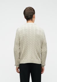 Pull en tricot gris clair avec un motif de cable texturé, encolure ronde, poignets et ourlet côtelés. Porté avec un pantalon noir.