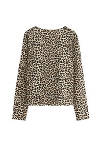 Långärmad leopardmönstrad topp i beige och svart, mjukt tyg, rund halsringning och figurnära design. Mönstret har djärva, oregelbundna fläckar.