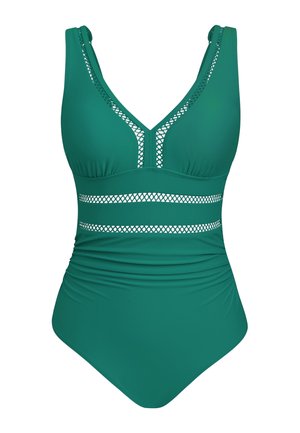Maillot de bain une pièce vert, doté d'un col en V, de détails en maille et d'accents de panneaux horizontaux. Confectionné dans un matériau lisse et extensible.