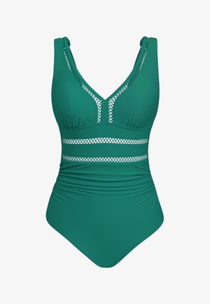 Eénstukbadpak in groen, met een V-hals, mesh details en horizontale paneelaccenten. Gemaakt van glad, rekbaar materiaal.