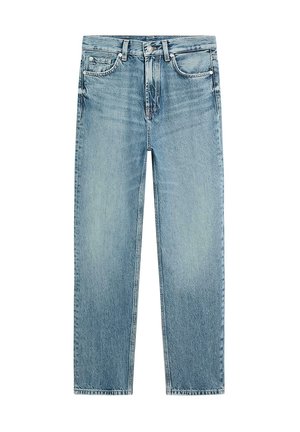 Lichtblauwe rechte spijkerbroek met vijf zakken en knoopsluiting, voorzien van subtiele vervaging en klassieke stiksels.