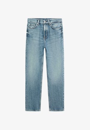 Lichtblauwe rechte spijkerbroek met vijf zakken en knoopsluiting, voorzien van subtiele vervaging en klassieke stiksels.