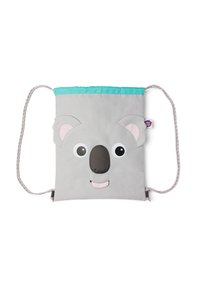 Gray drawstring bag designed as a koala face, featuring large eyes, a dark nose, pink ear accents, and a turquoise top edge.