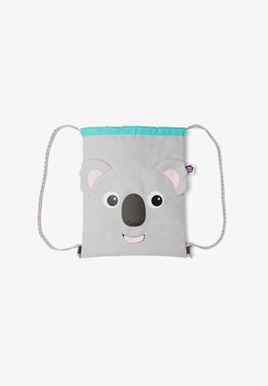 Gray drawstring bag designed as a koala face, featuring large eyes, a dark nose, pink ear accents, and a turquoise top edge.
