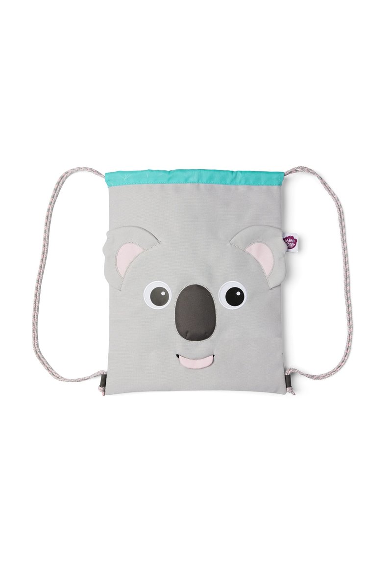 Gray drawstring bag designed as a koala face, featuring large eyes, a dark nose, pink ear accents, and a turquoise top edge.