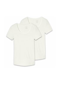 Two white, short-sleeve t-shirts with a scoop neck. Made of a smooth fabric, feature a slightly curved hem, and are presented back-to-back.