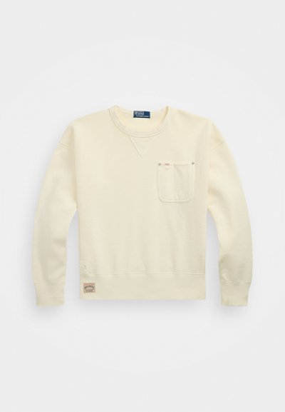 Sweatshirt din bumbac de culoare crem deschis, cu guler rotund, mâneci lungi și o buzunar pe pieptul stâng; prezintă o etichetă cu logo pe tivul inferior.