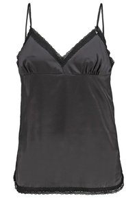 Camisole en satin noir avec bordure en dentelle le long du décolleté en V, de l'ourlet et des côtés, avec fines bretelles réglables.