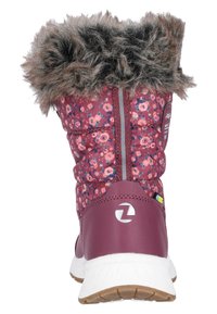 Paars bloemenpatroon winterlaars met een faux fur manchet, gevoerd ontwerp, flexibele zool en logodetail aan de achterkant.