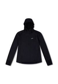 Black hooded long-sleeve athletic top with quarter zipper, featuring a reflective logo on the chest and textured cuffs. Lightweight fabric.