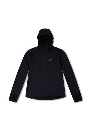 Maglietta sportiva nera a maniche lunghe con cappuccio e zip a quarti, con logo riflettente sul petto e polsini testurizzati. Tessuto leggero.