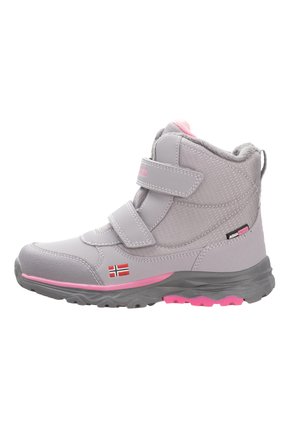 Child's gray and pink waterproof winter boot with two Velcro straps, soft lining, rugged sole, and a small Norwegian flag on the side.