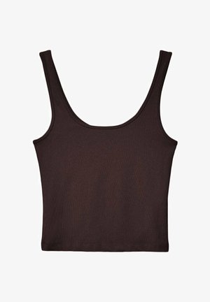 Donkerbruin geribd tanktop met brede schouderbanden en een aansluitend ontwerp. De stof is zacht met een gladde textuur en een cropped lengte.