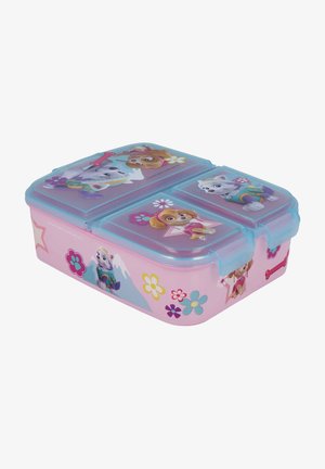 Boîte à lunch en plastique avec une base rose, un couvercle bleu transparent, présentant des personnages de chiens de cartoon et des motifs floraux. Divisée en compartiments.