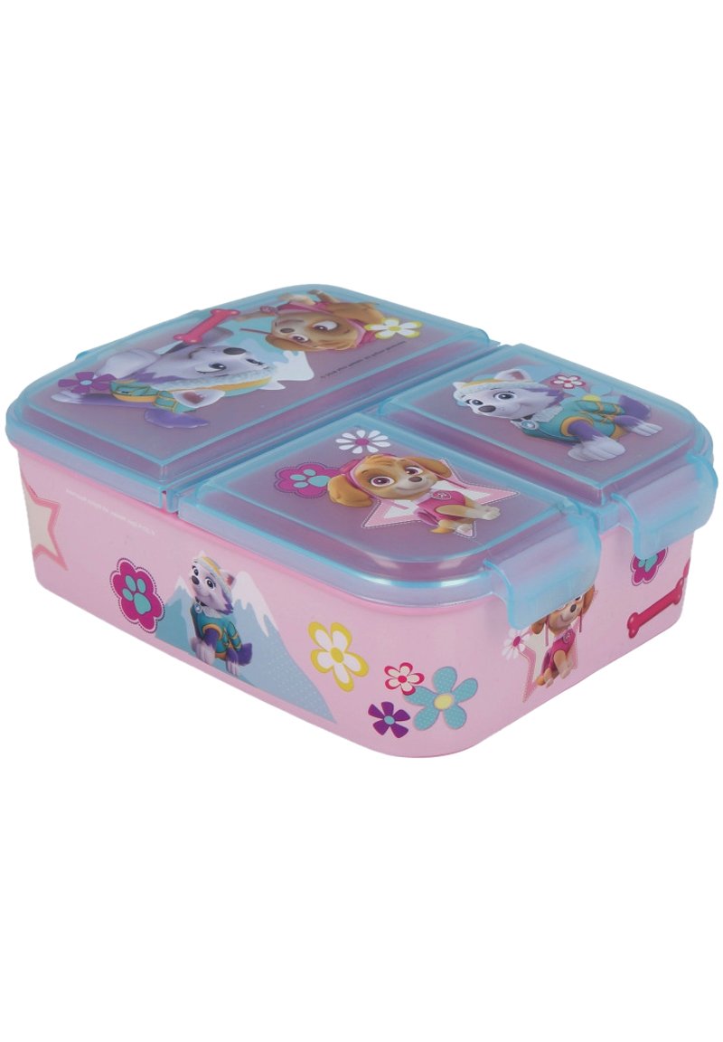 Plastic lunchbox met een roze basis, transparant blauwe deksel, met cartoon hondenfiguren en bloemenpatronen. Verdeeld in compartimenten.