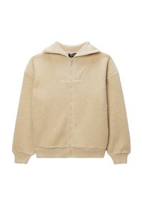 Veste en polaire beige avec une surface texturée, un col côtelé et une fermeture éclair sur toute la longueur à l'avant. Les épaules tombantes et les poignets élastiques complètent le design.