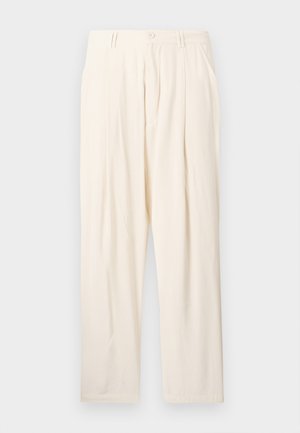 Hlače kremne barve v sproščenem kroju, z naborki, stranskimi žepi in zapenjanjem na en gumb v pasu.