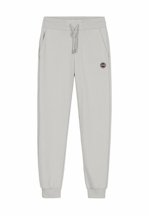 Lysegrå joggebukser med elastisk linning, snøre, sidelommer, ribbet manchetter og et rundt Colmar-logo på højre lår.