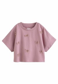 Rosa Baumwoll-T-Shirt mit kurzen Ärmeln und lässiger Passform, das über einen strukturierte Stoff und dekorative kleine Schleifen in einer helleren Farbe verfügt.