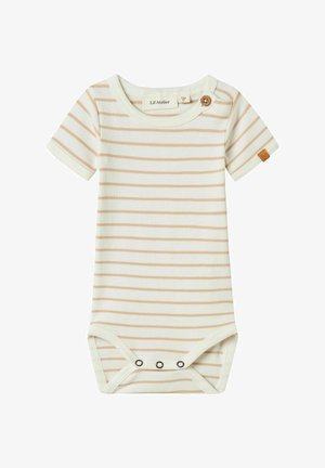 Trumpas rankovėmis kūdikio bodis, pagamintas iš minkštos medvilnės, su šviesiai smėlinėmis juostelėmis ant kreminio fono, su mygtuku ant peties ir spaudžiamosiomis užtrauktukais apačioje.