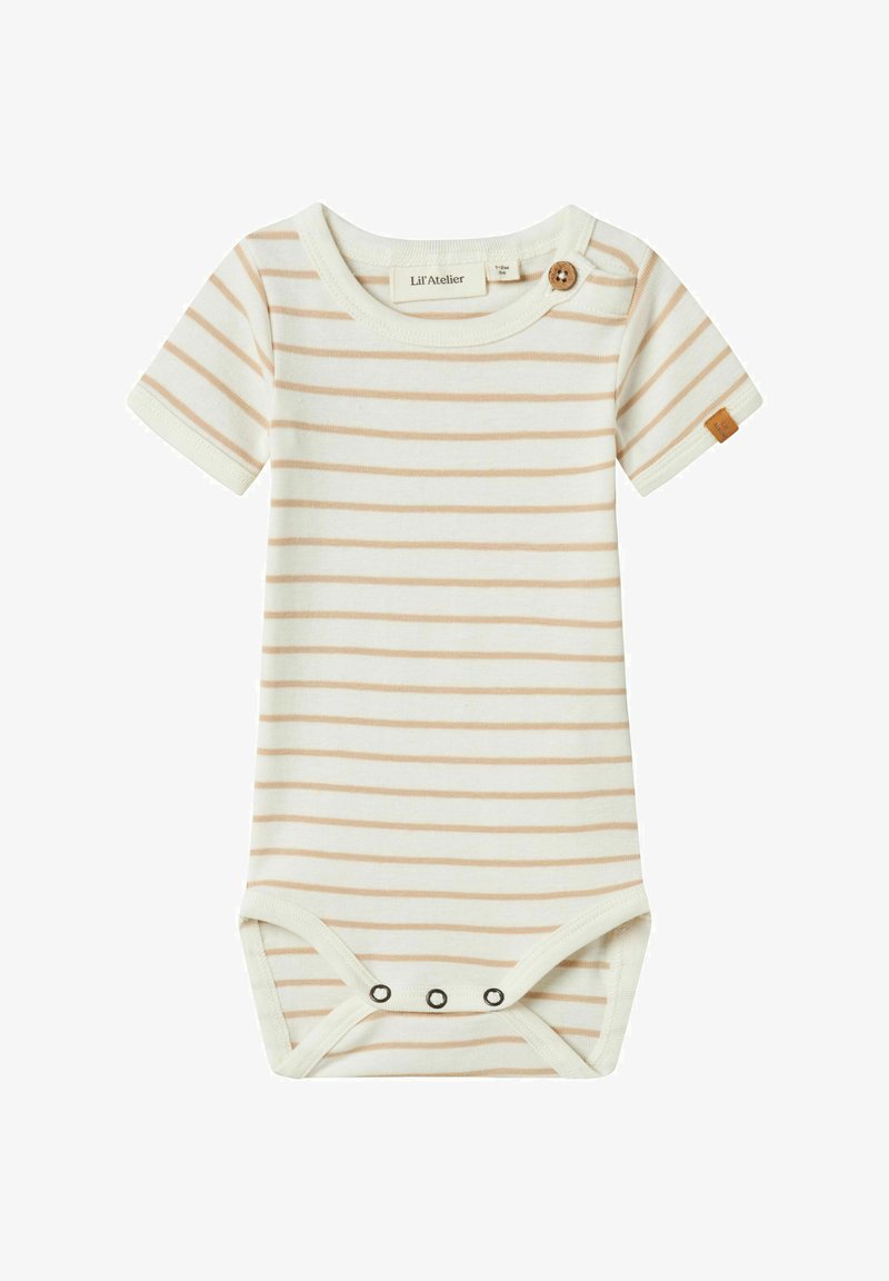 Trumpas rankovėmis kūdikio bodis, pagamintas iš minkštos medvilnės, su šviesiai smėlinėmis juostelėmis ant kreminio fono, su mygtuku ant peties ir spaudžiamosiomis užtrauktukais apačioje.