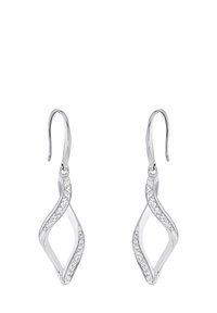 Silver snurrade örhängen med en vågig design som har inlagda klara kristaller längs ena sidan, upphängda på krokfästen.