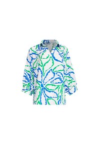 Witte blouse met een blauw en groen bloemenpatroon, met een collerende halslijn en driekwartmouwen. Gemaakt van lichtgewicht stof.