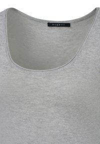 Gray tank top with a wide scoop neckline, made of soft fabric. Features minimal stitching and a tag displaying the brand name "bugatti."