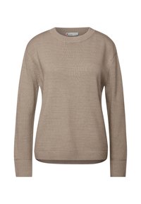 Beige langærmet sweater lavet af strikstof. Har en rund halsudskæring, ribbede manchetter og kant, med en let løs pasform og struktureret mønster.