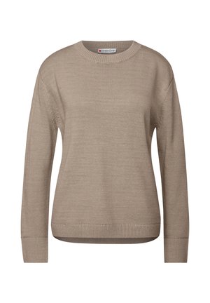 Beige långärmad tröja i stickad tyg. Har en rund halsringning, ribsöm i ärmsluten och nederkant, med en något lös passform och strukturerat mönster.