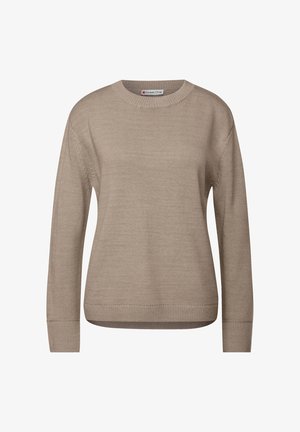 Beige trui met lange mouwen, gemaakt van gebreide stof. Heeft een ronde halslijn, geribbelde manchetten en zoom, met een licht losvallende pasvorm en een gemêleerd patroon.