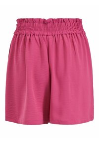 Růžové šortky s elastickým pasem vyrobené z lehkého materiálu, volného střihu, s nařaseným pasem a hladkou texturou.