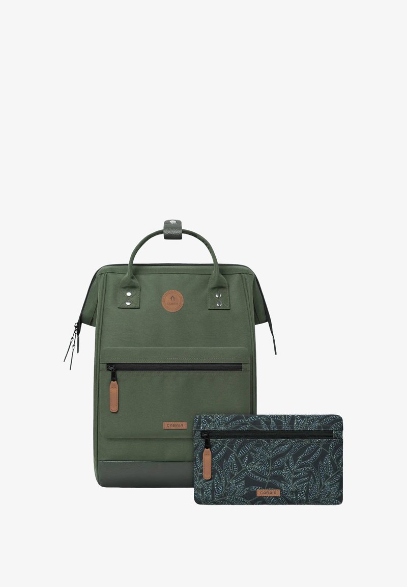Green fabric backpack with a rounded handle, front pocket, and logo. Includes a matching dark-patterned pouch with a zipper.