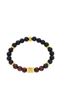Perle nere opache alternate con accenti dorati e perle rosse scure lucide. Presenta uno spacer cilindrico dorato con dettagli incisi.