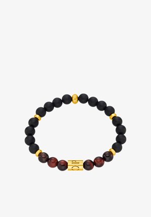 Matte zwarte kralen afgewisseld met goudkleurige accenten en donkerrode gepolijste kralen. Heeft een cilindervormige gouden spacer met gegraveerd detail.