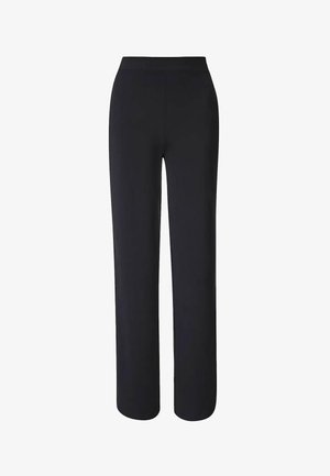 Zwarte broek met hoge taille en rechte pijpen, voorzien van een gladde tailleband zonder zichtbare zakken of versieringen.