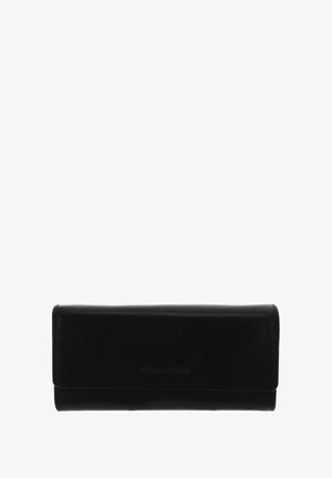 Portefeuille en cuir noir à texture lisse, forme rectangulaire, et fermeture à rabat. Dispose d'un logo de marque discret à l'avant.