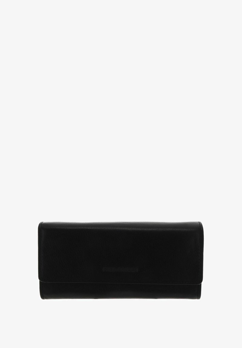 Portefeuille en cuir noir à texture lisse, forme rectangulaire, et fermeture à rabat. Dispose d'un logo de marque discret à l'avant.