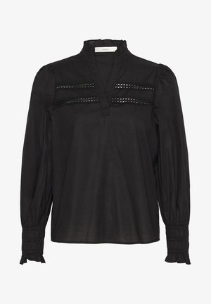 Black long-sleeve blouse with a gathered collar, decorative horizontal lace accents, and gathered cuffs, made from lightweight fabric.