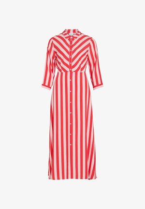 Punase ja roosa triibulise pika särkimoodi kleit, kolmveerandvarrukatega, eest nööpidega, krae ja ülaosal kalasaba mustriga.