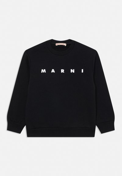 Schwarzes Langarm-Sweatshirt mit Rundhalsausschnitt und weißer "MARNI"-Beschriftung mittig auf der Vorderseite sowie gerippten Bündchen und Saum.