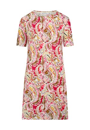 Kurzärmliges Kleid im lebhaften Pink-, Rot- und Beige-Paisleymuster. Glatter Stoff mit Rundhalsausschnitt und lockerer Passform.