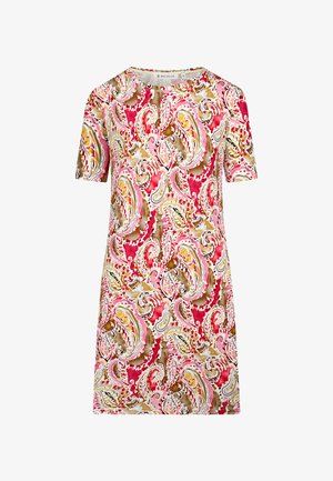 Kurzärmliges Kleid im lebhaften Pink-, Rot- und Beige-Paisleymuster. Glatter Stoff mit Rundhalsausschnitt und lockerer Passform.
